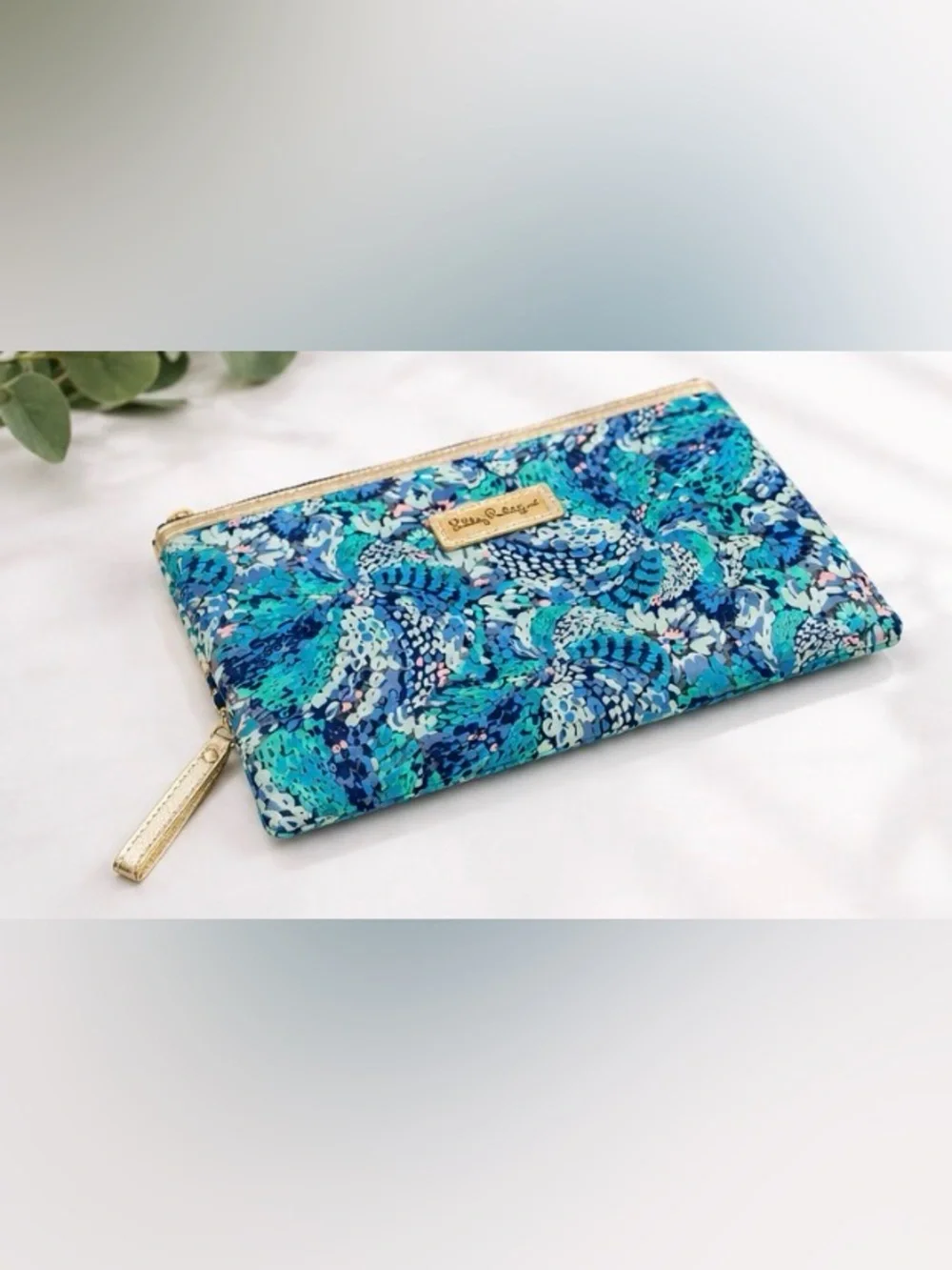 Lilly Pulitzer Teal & Blue Floral Zip Cosmetic Pouch with Gold Trim